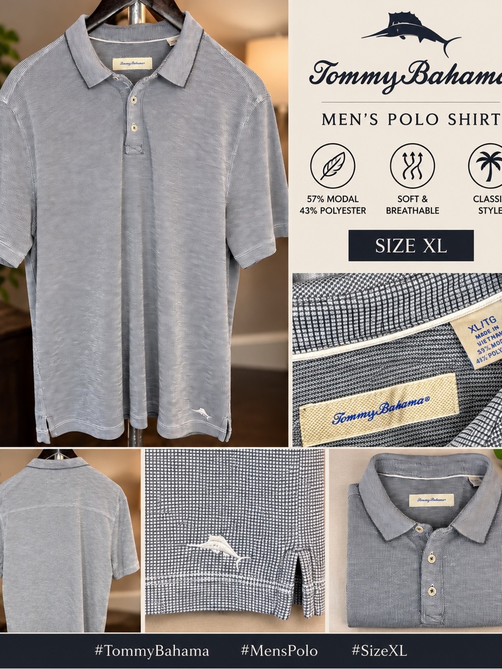 Tommy Bahama Men's Gray/Silver Microcheck Textured Polo - XL